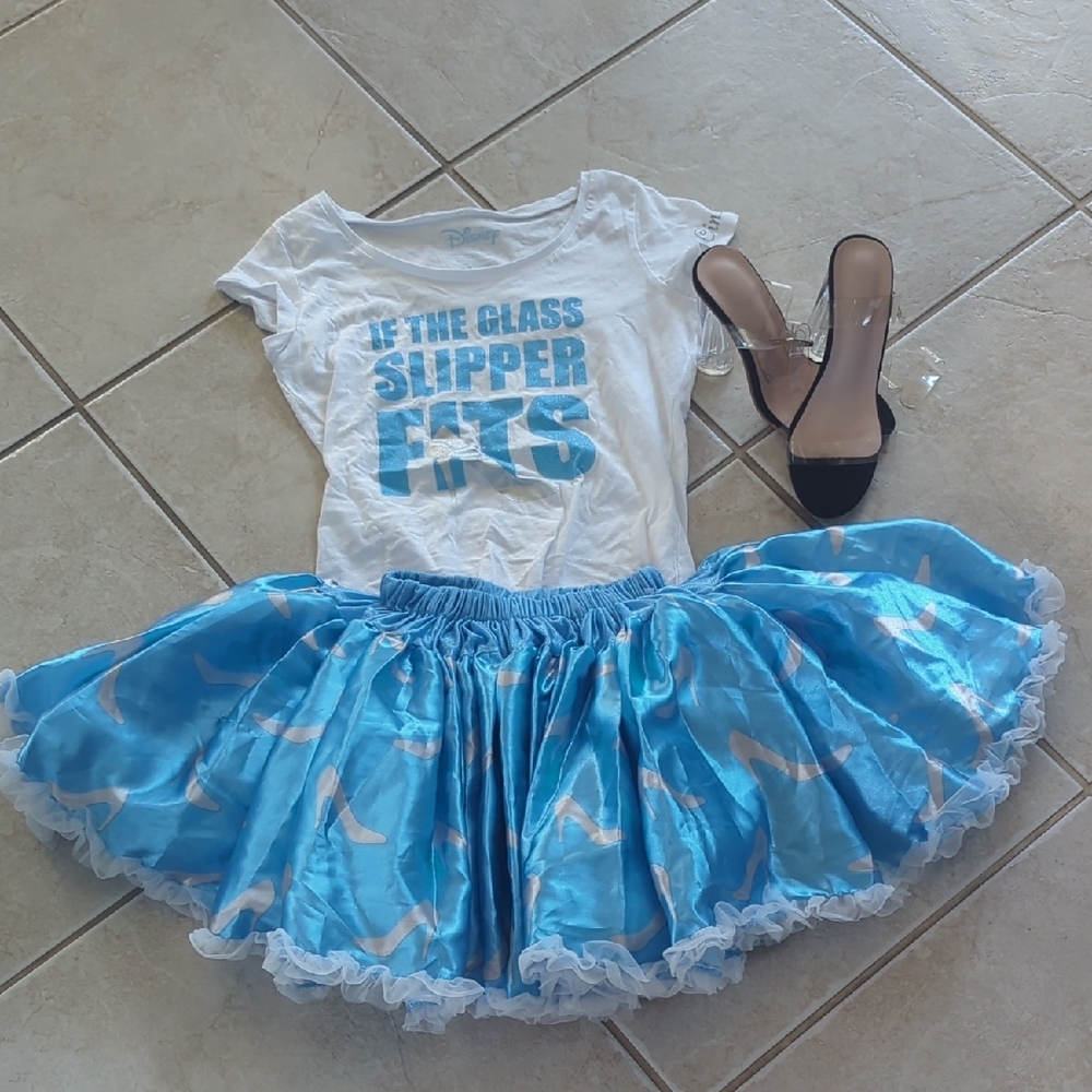 Blue White Kids Cinderella Disney Tutu Couture Set With Cinderella Top, Shoes